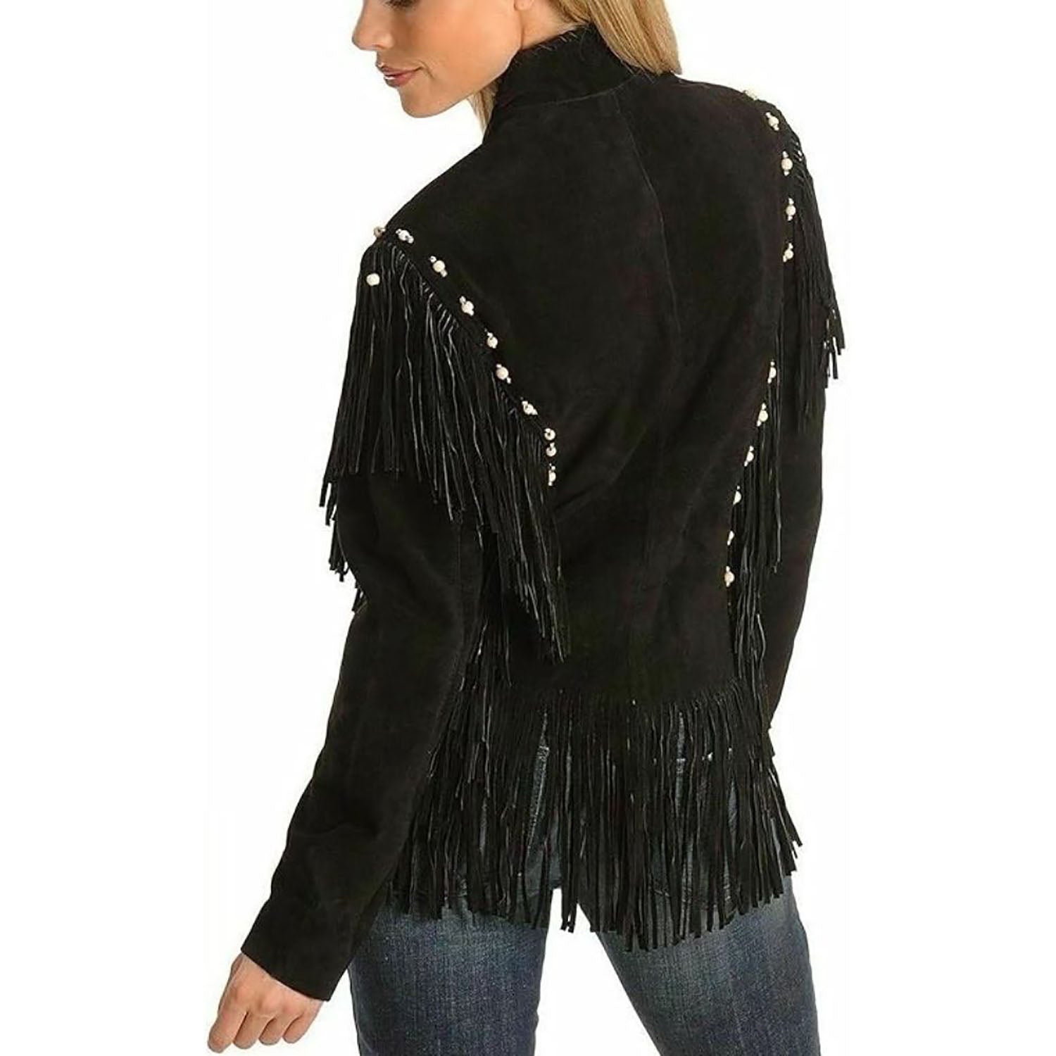 Women's Native Western American Style Suede Leather with Fringe & Bone Beaded back view