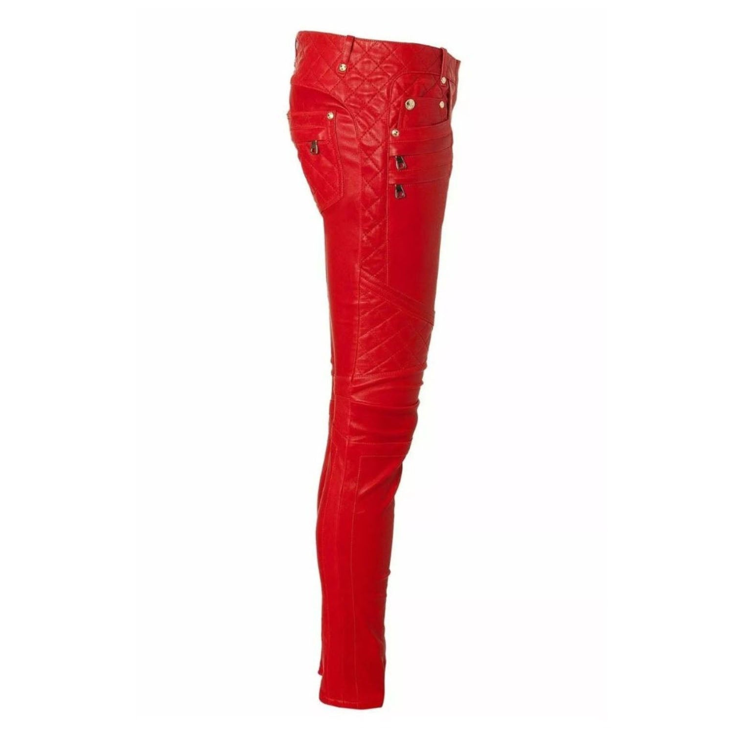 Women’s Red Leather Pant – Genuine Lambskin Leather & Slim Fit Style front view