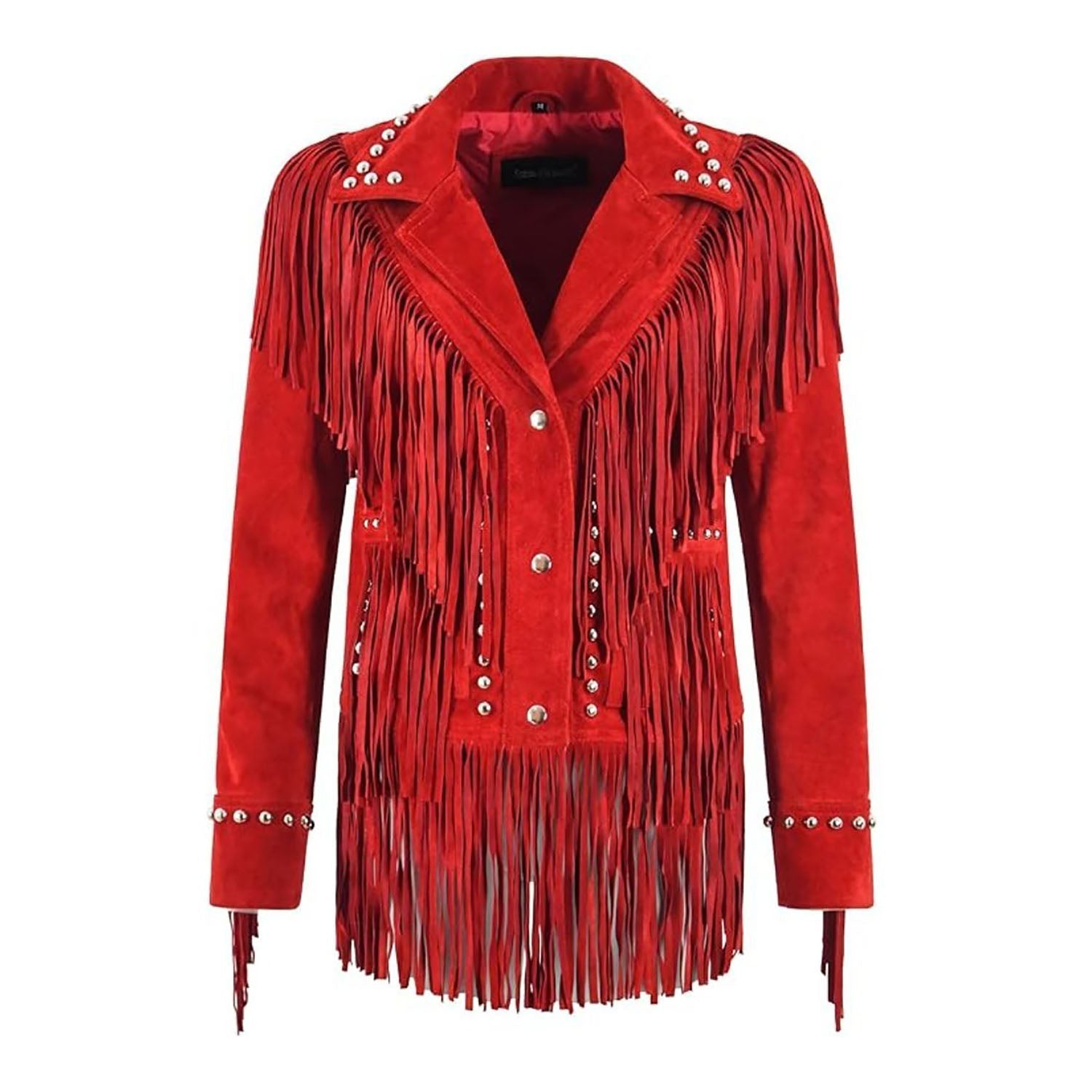 Women's Red Suede Western Jacket with Fringe & Studded Working front view