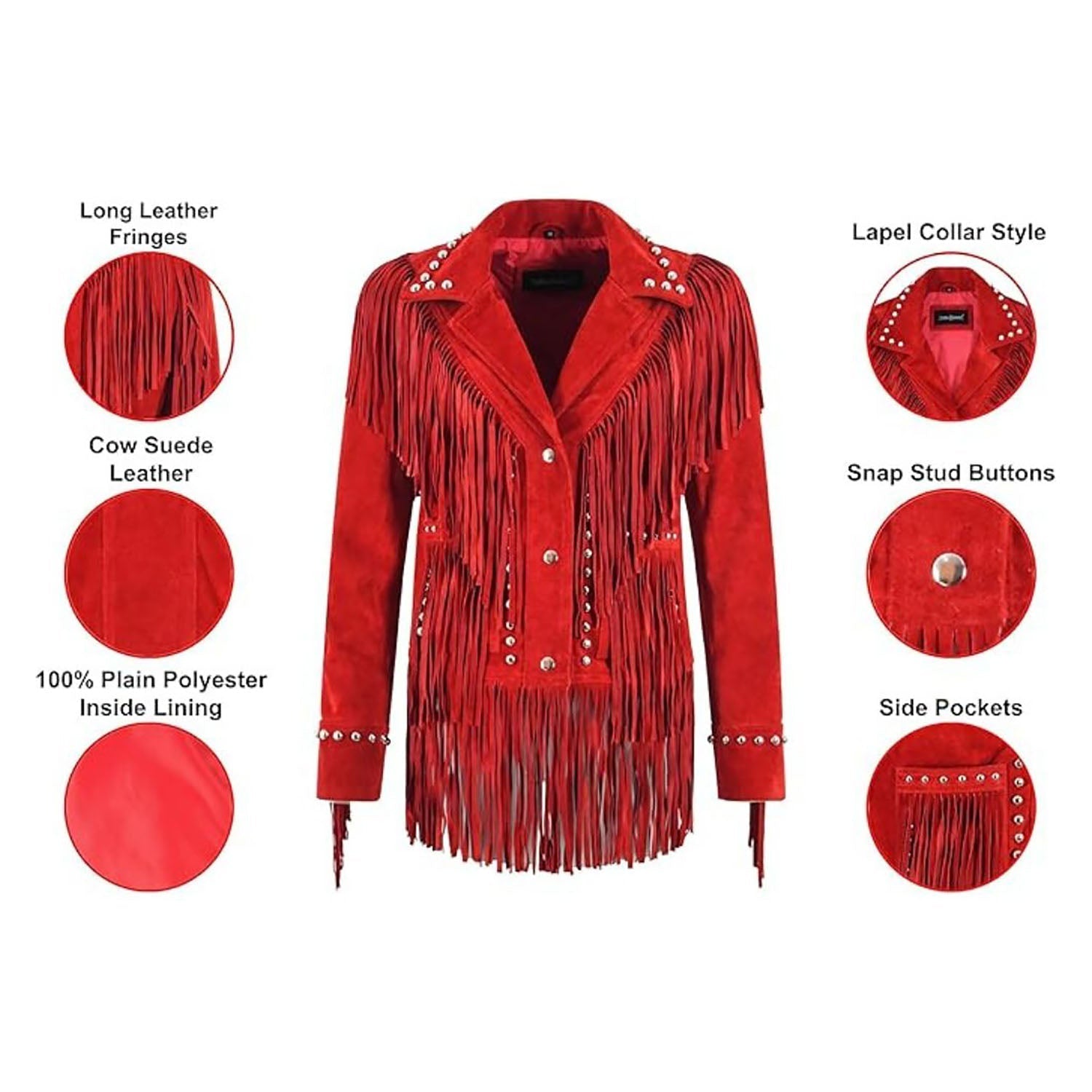 Women's Red Suede Western Jacket with Fringe & Studded Working side view