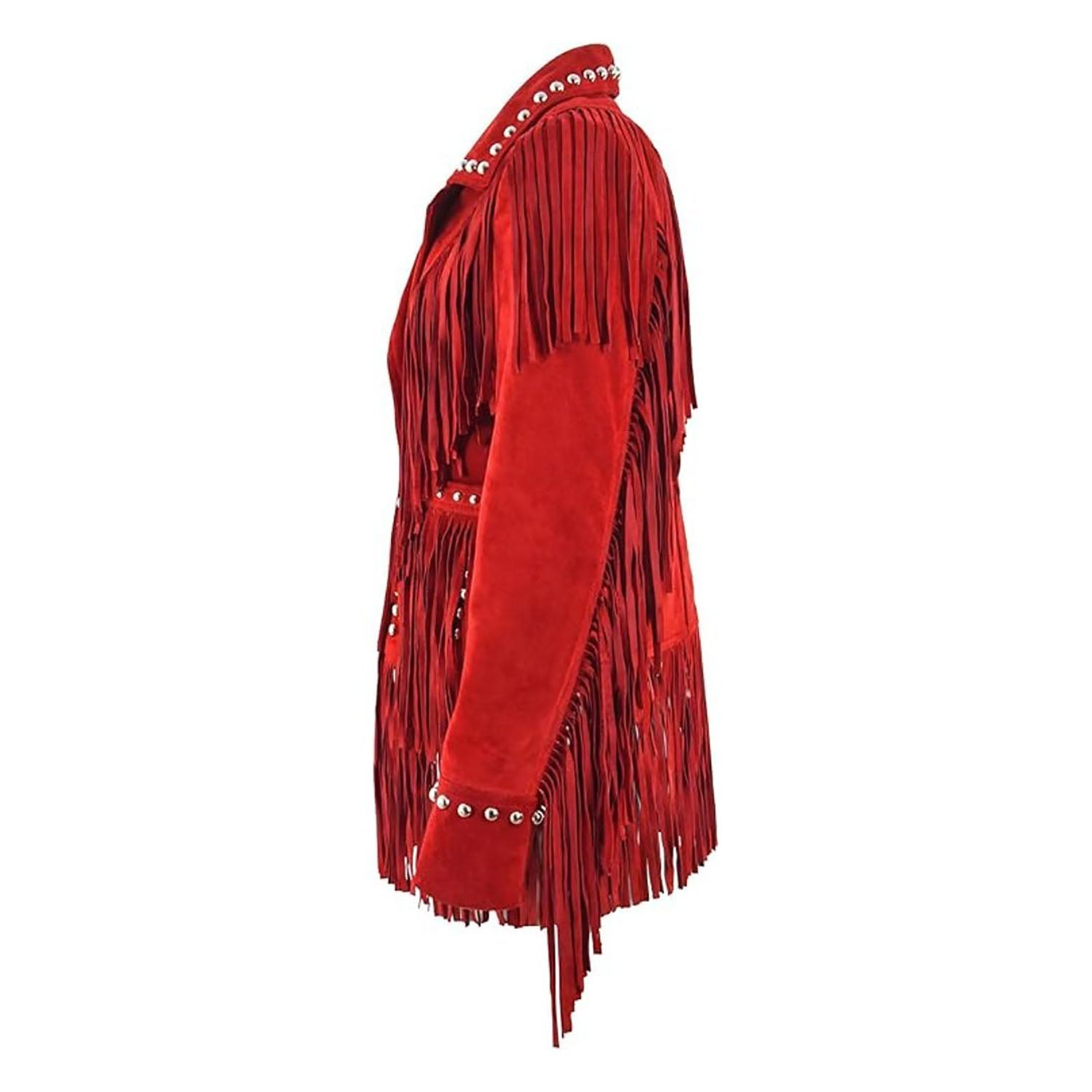 Women's Red Suede Western Jacket with Fringe & Studded Working back view