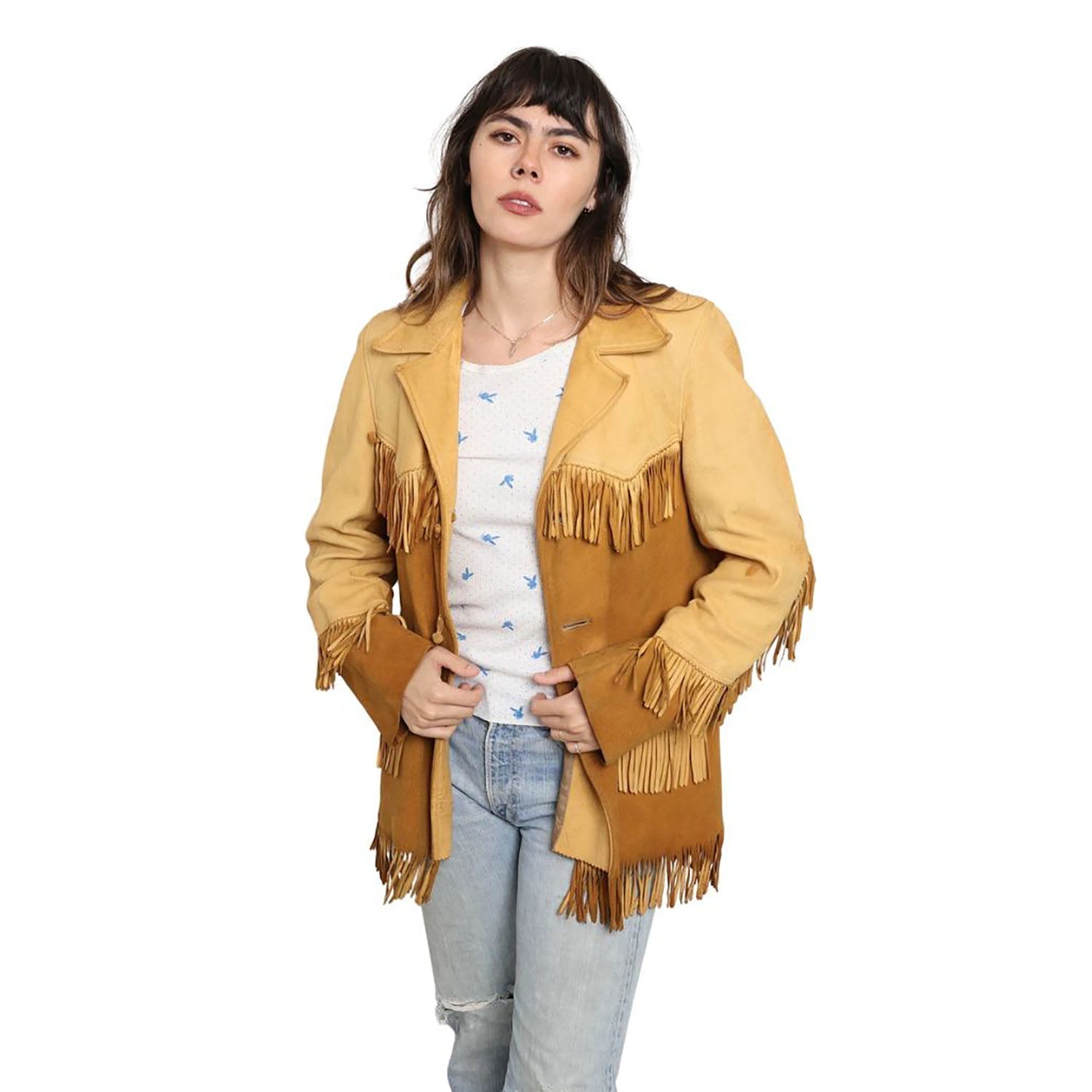 Women's Western American Cowhide & Suede Leather Jacket with Fringe front view