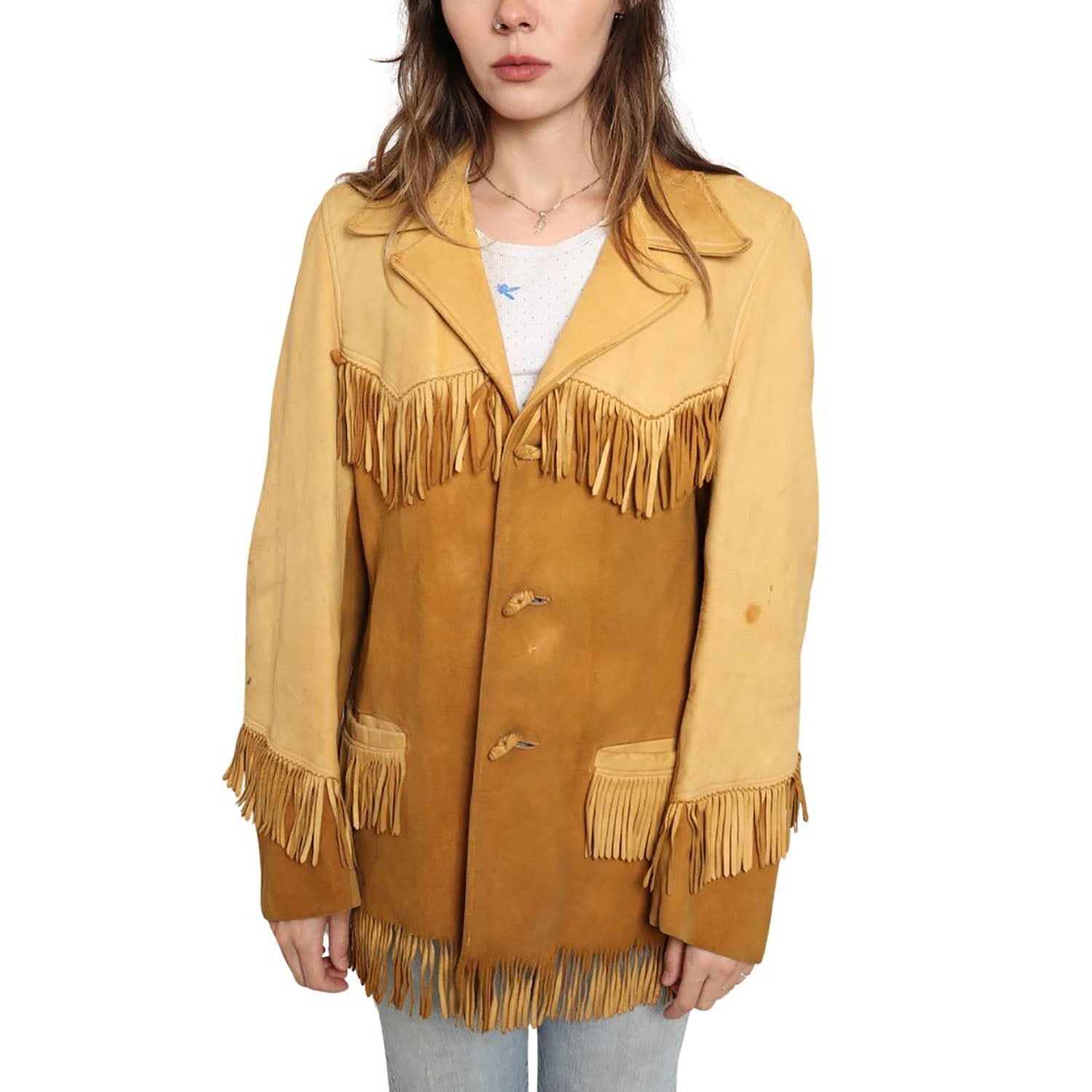 Women's Western American Cowhide & Suede Leather Jacket with Fringe side view
