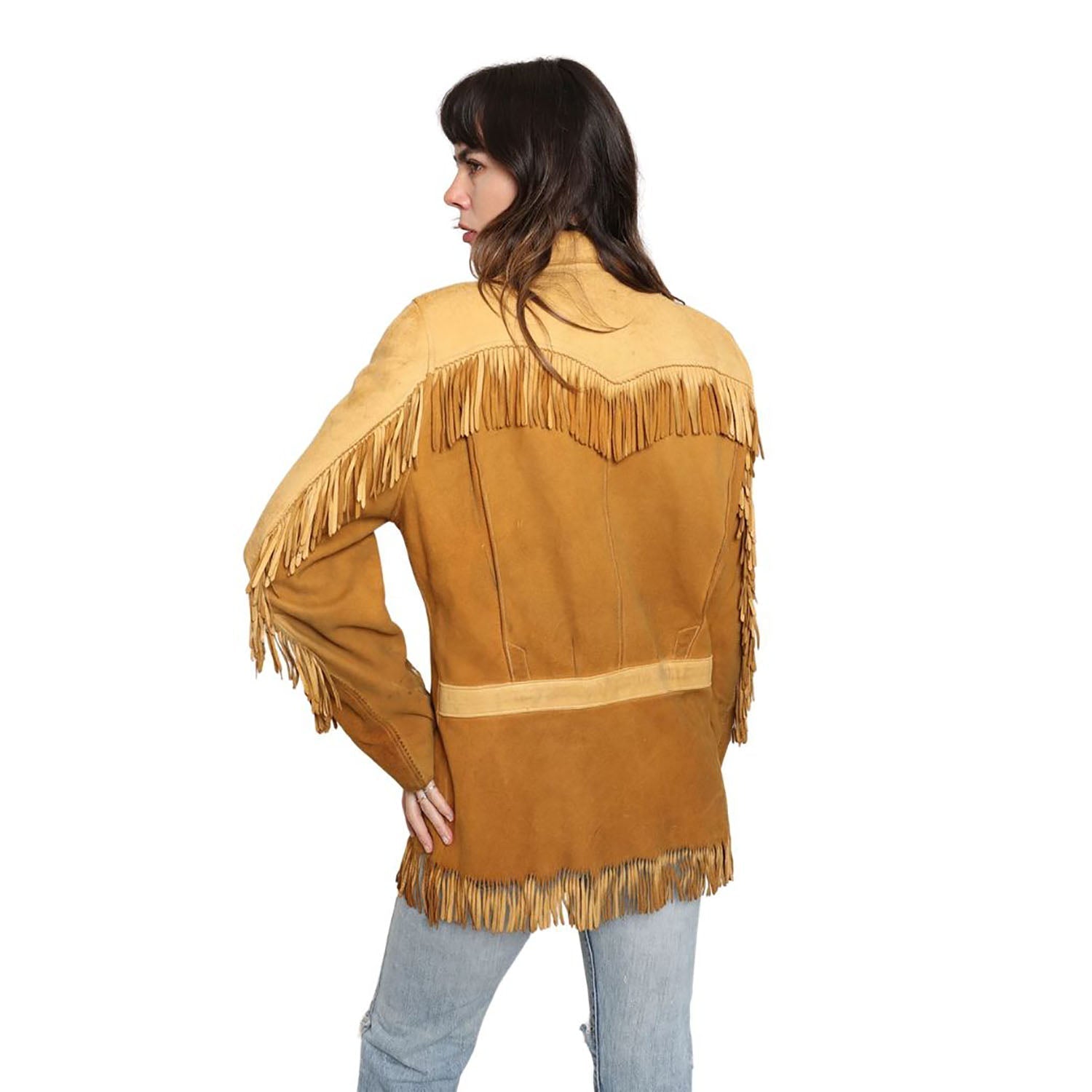 Women's Western American Cowhide & Suede Leather Jacket with Fringe back view