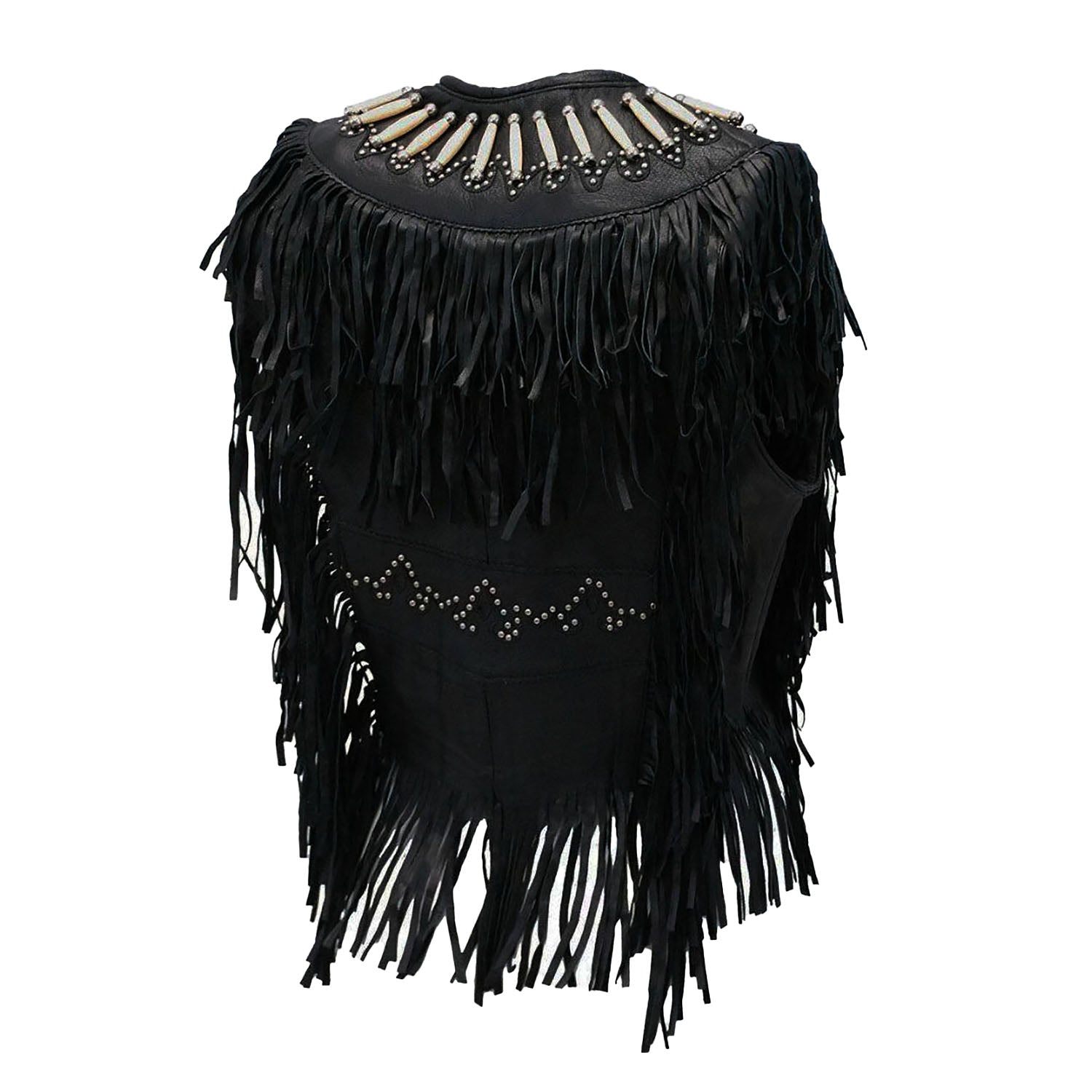 Women's Western American Genuine Bone Studded Fringe Leather Vest – Black back view