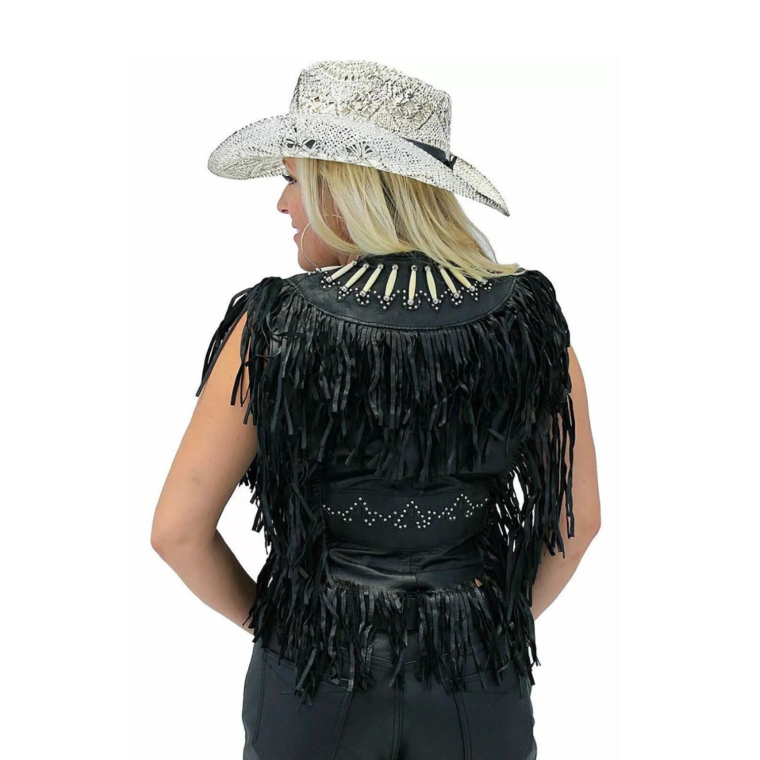 Women's Western American Genuine Bone Studded Fringe Leather Vest – Black side view