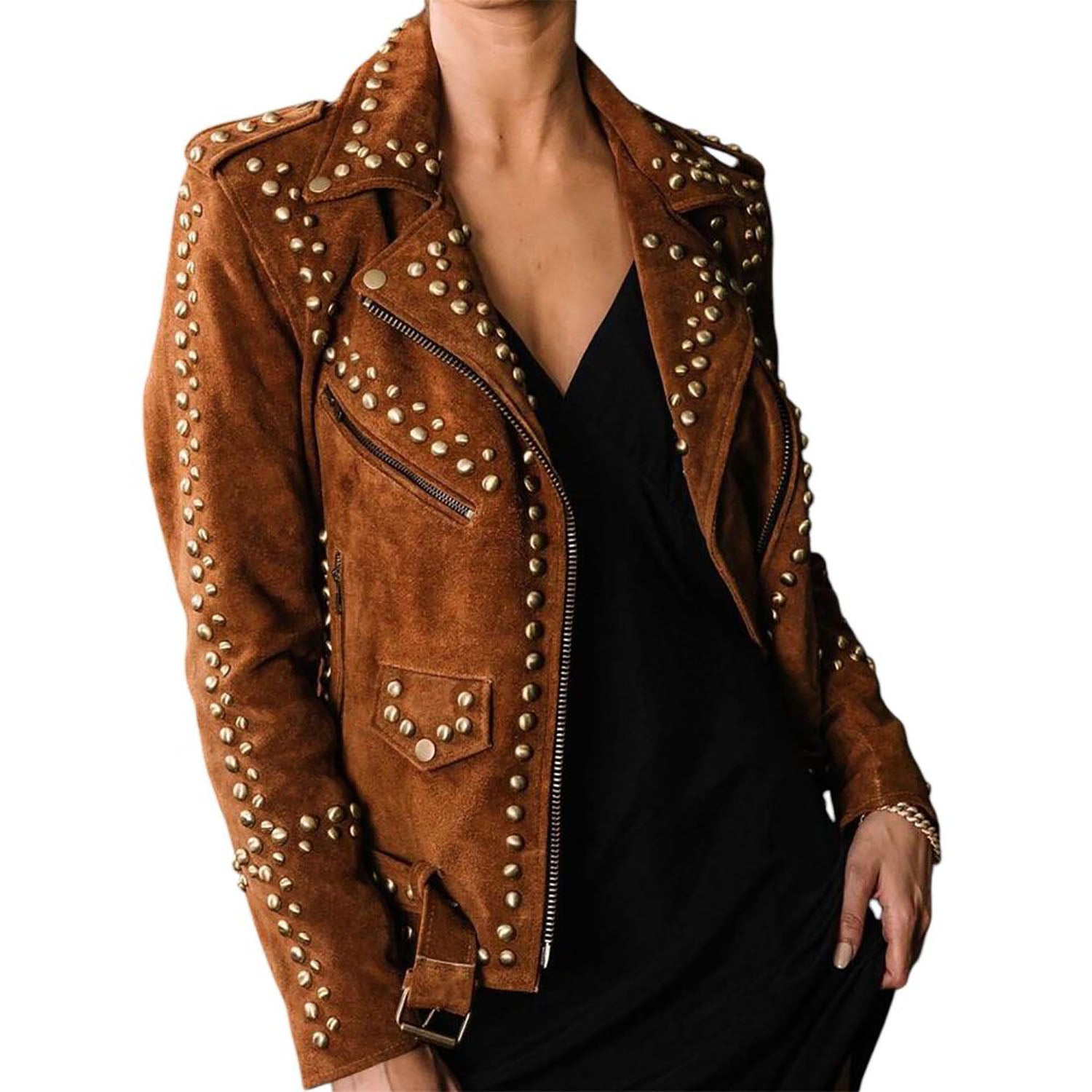 Women's Western American Style Suede Leather Jacket Fashion Studded Vintage front view