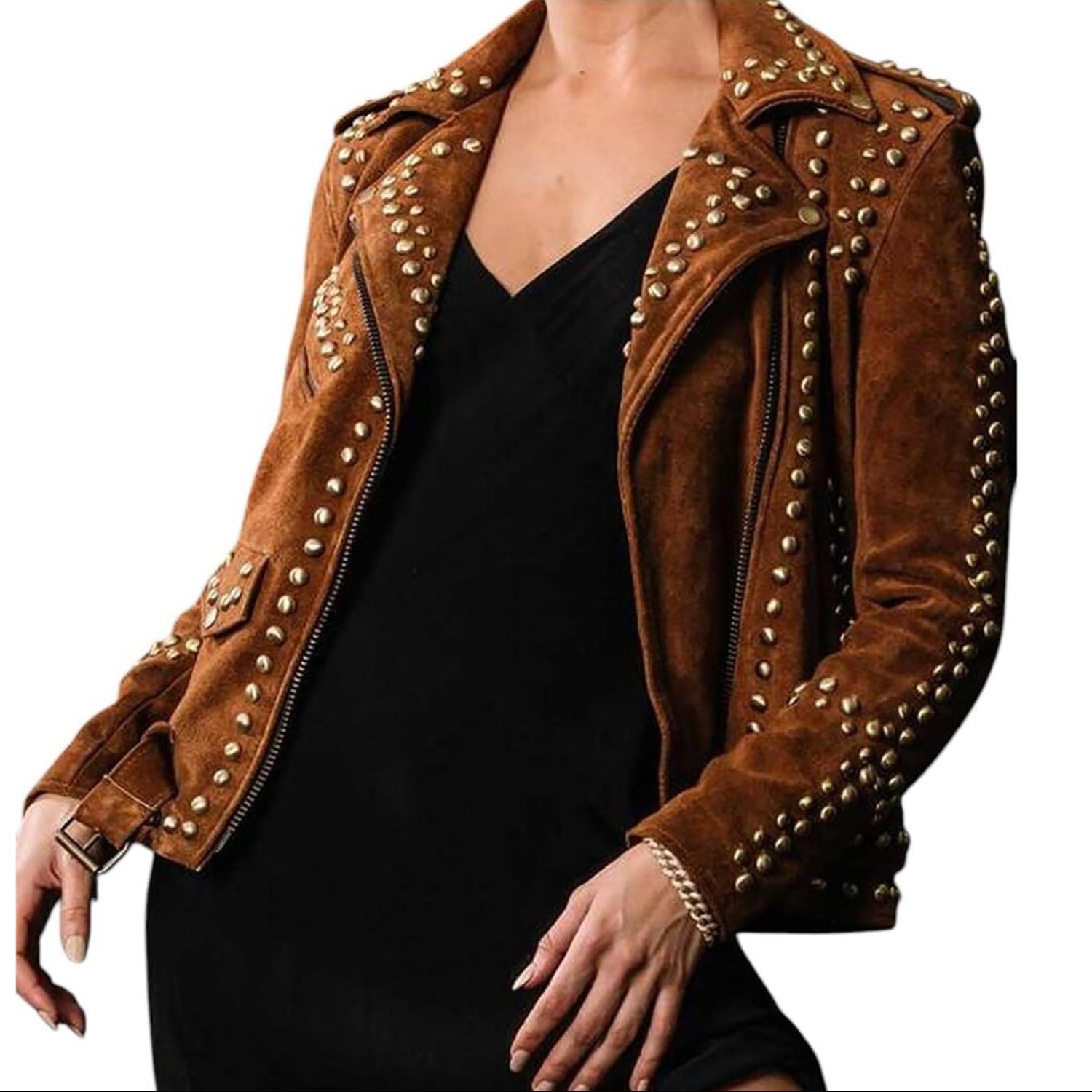 Women's Western American Style Suede Leather Jacket Fashion Studded Vintage side view