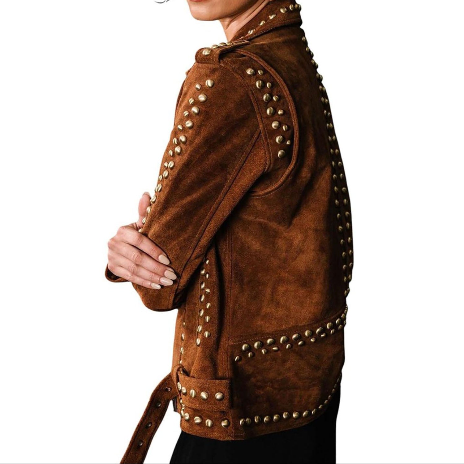 Women's Western American Style Suede Leather Jacket Fashion Studded Vintage back view