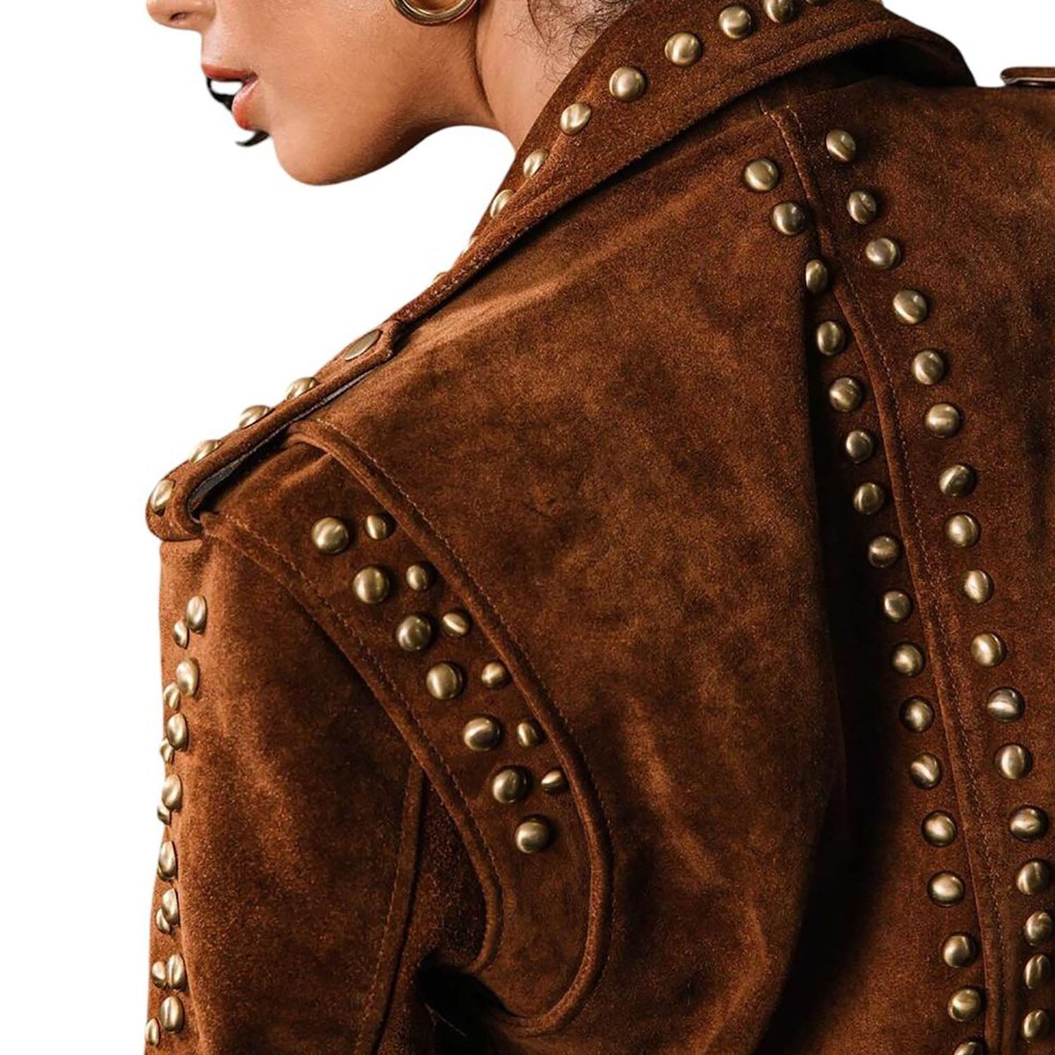 Women's Western American Style Suede Leather Jacket Fashion Studded Vintage close-up detail