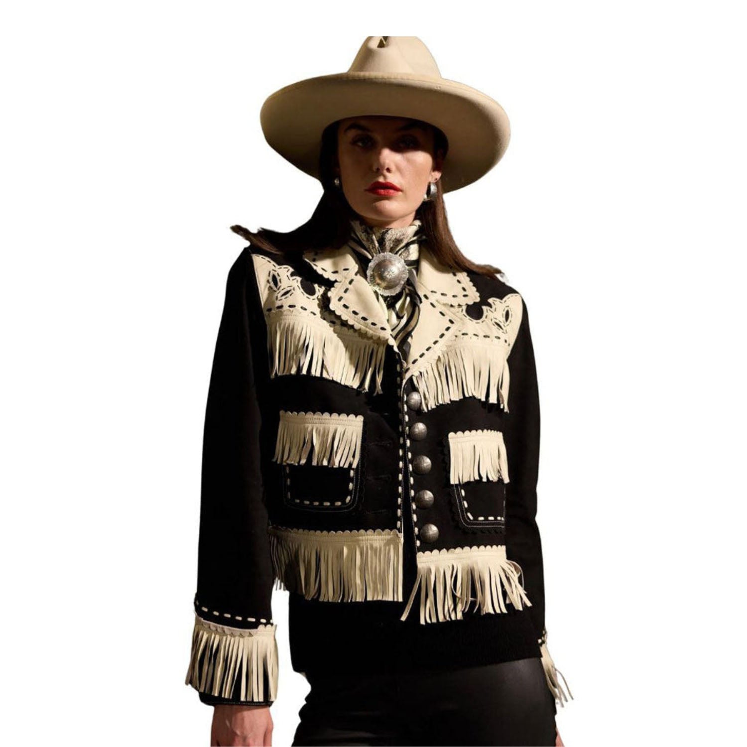 Women’s Western Black & Beige Short Body Suede Leather Jacket with Fringe front view