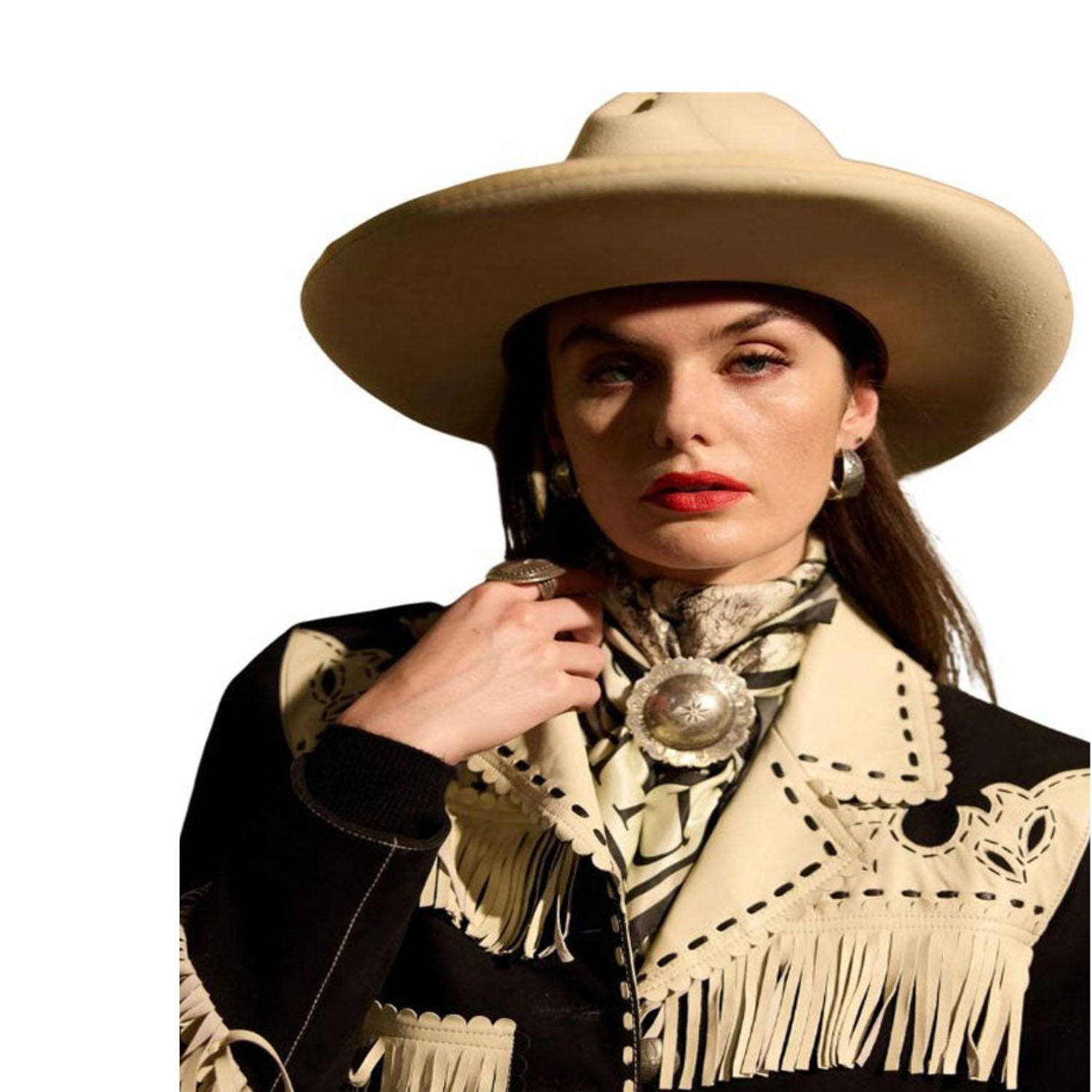 Women’s Western Black & Beige Short Body Suede Leather Jacket with Fringe side view