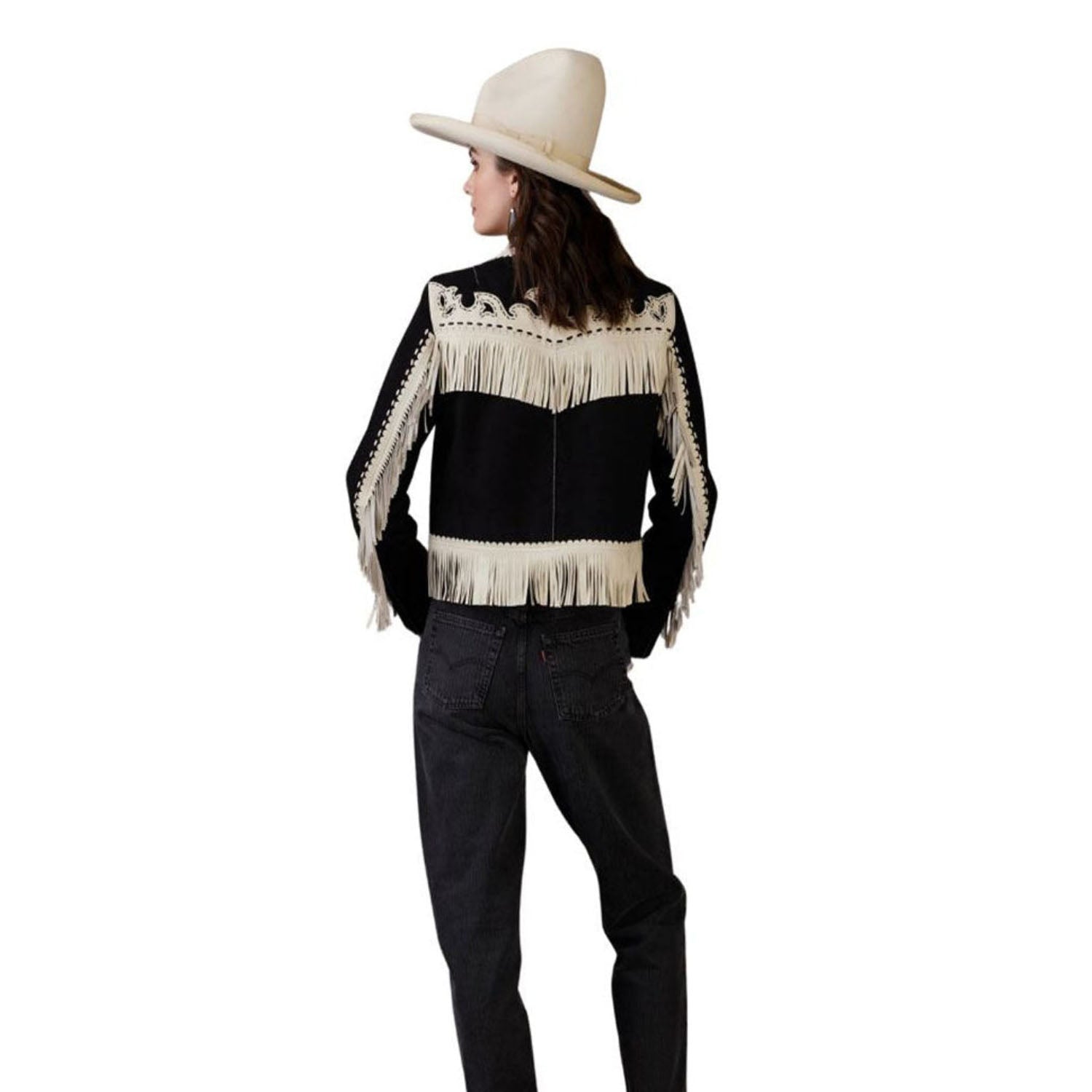 Women’s Western Black & Beige Short Body Suede Leather Jacket with Fringe back view