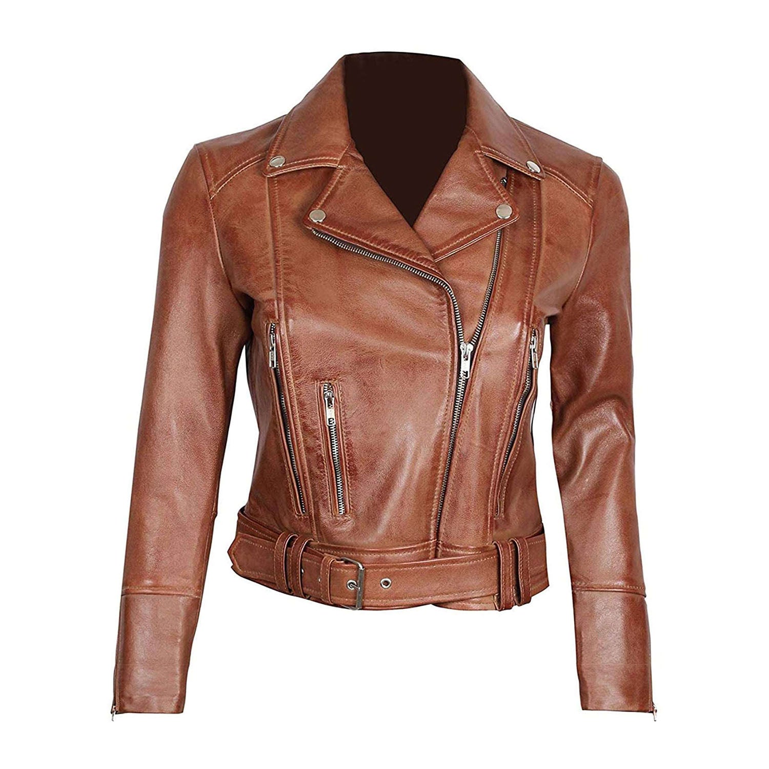 Women's Western Brown Slim Fit Cowhide Leather Biker Jacket with Belt Work front view