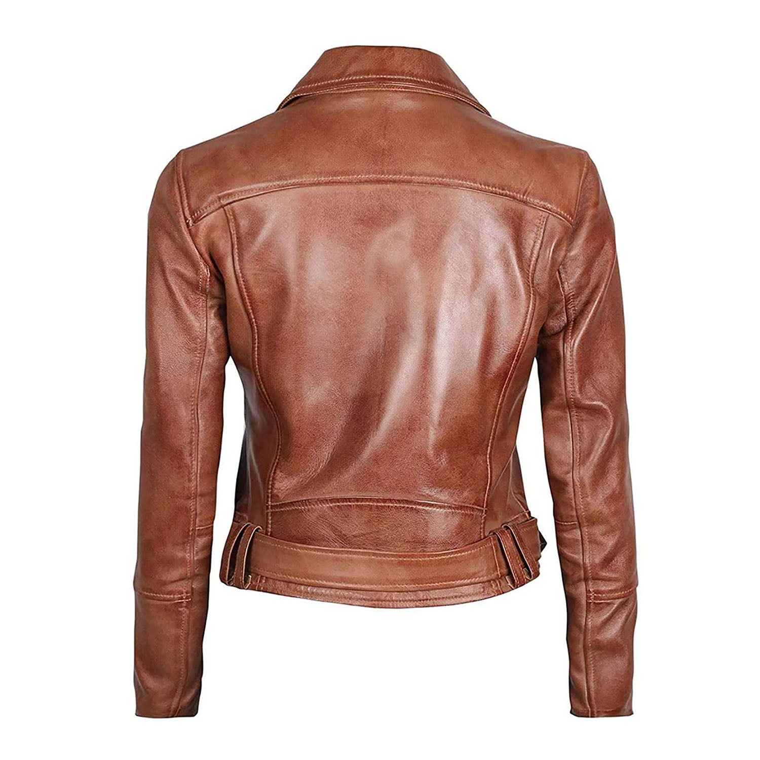 Women's Western Brown Slim Fit Cowhide Leather Biker Jacket with Belt Work side view