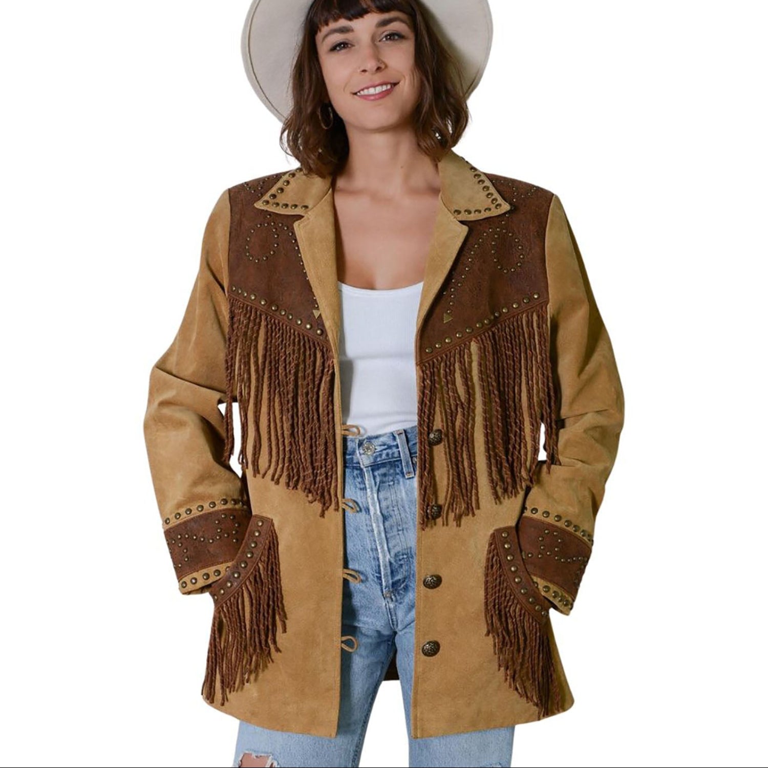 Women's Western Inspired Suede Leather Fringe Jacket with Studded front view