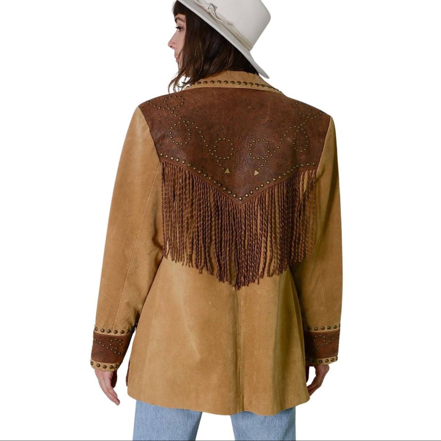 Women's Western Inspired Suede Leather Fringe Jacket with Studded back view