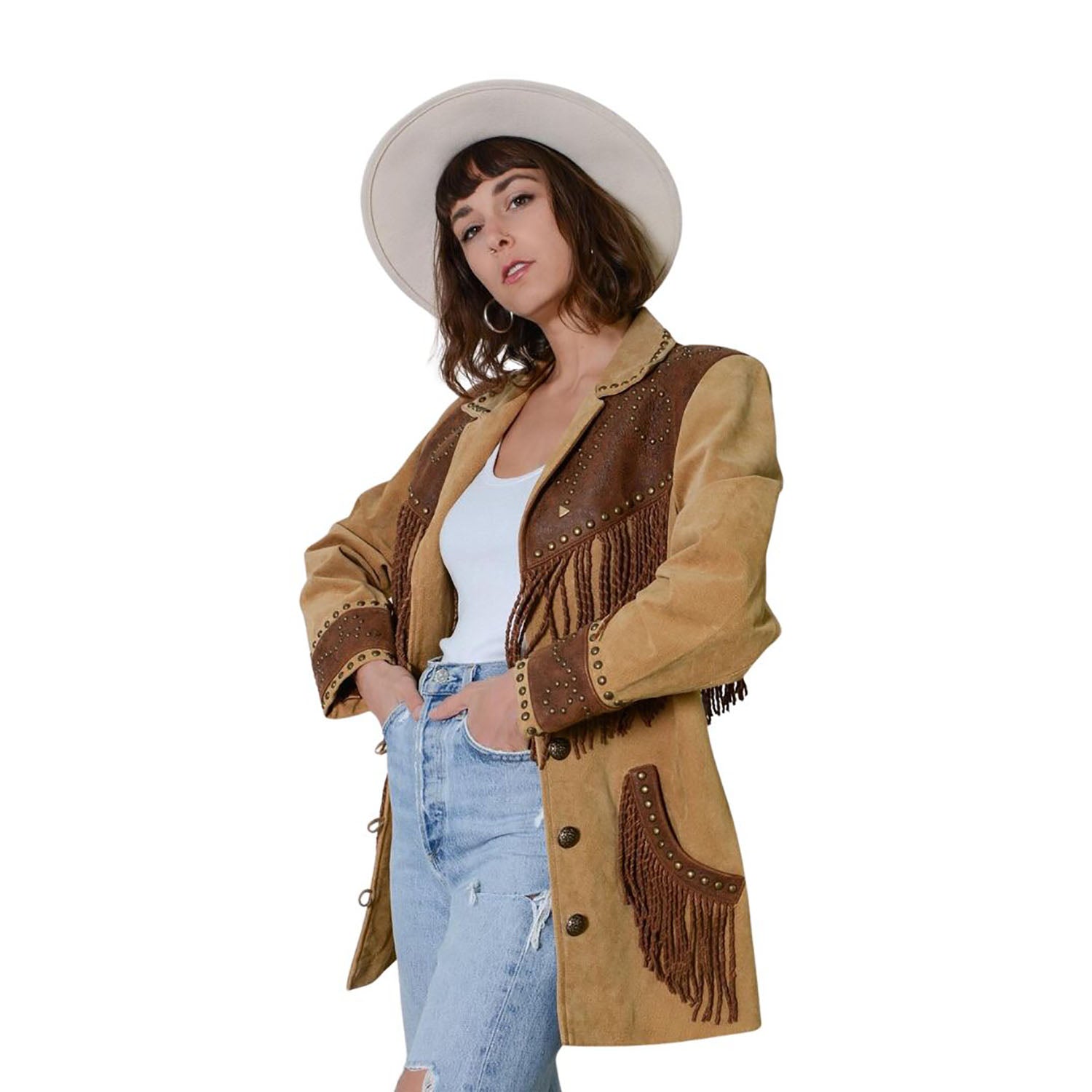 Women's Western Inspired Suede Leather Fringe Jacket with Studded close-up detail