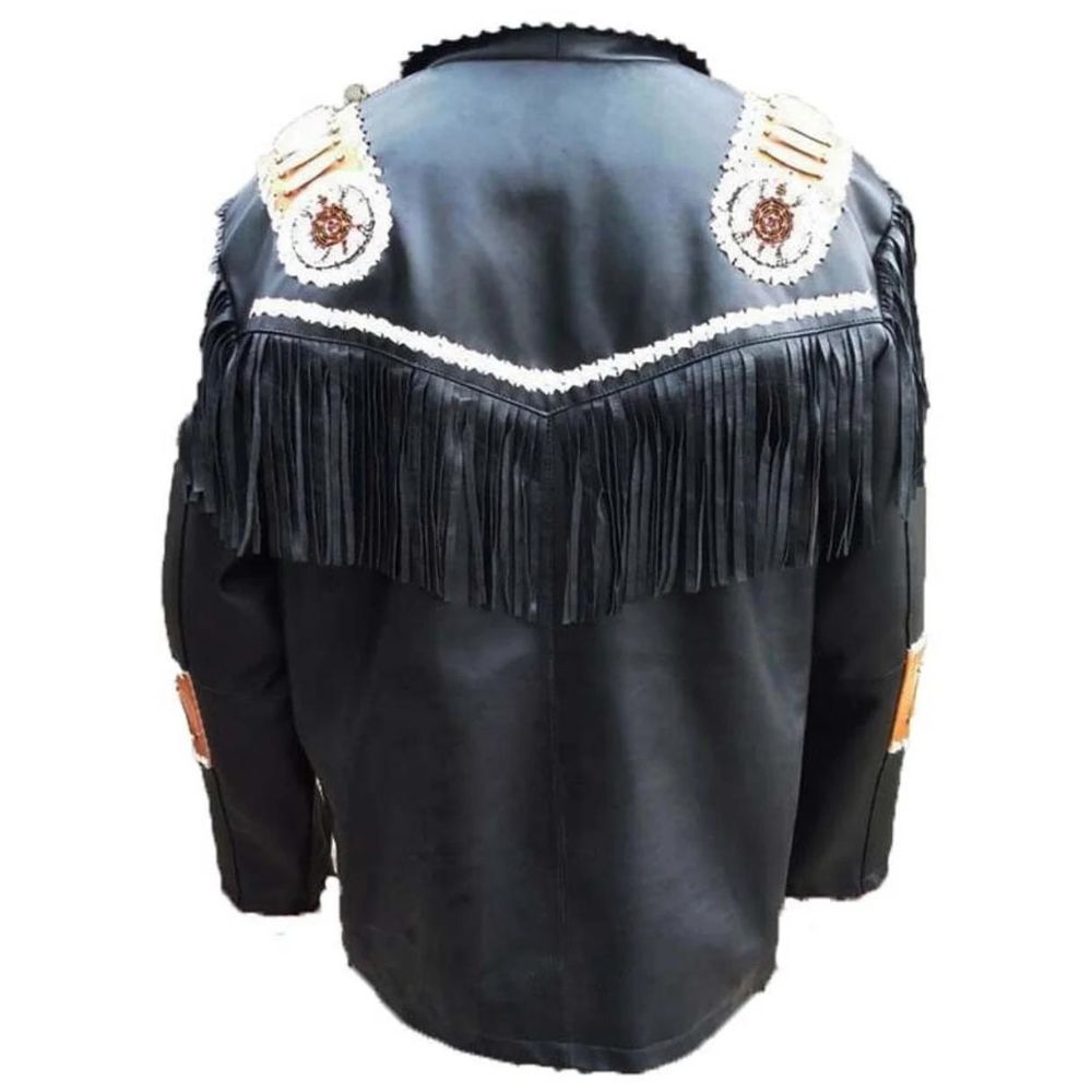 The black leather fringe jacket with beaded detailing, pictured from the side