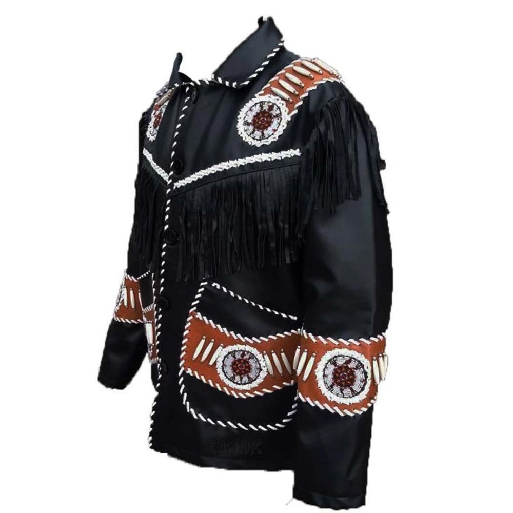 The black leather fringe jacket with beaded detailing, pictured in full display