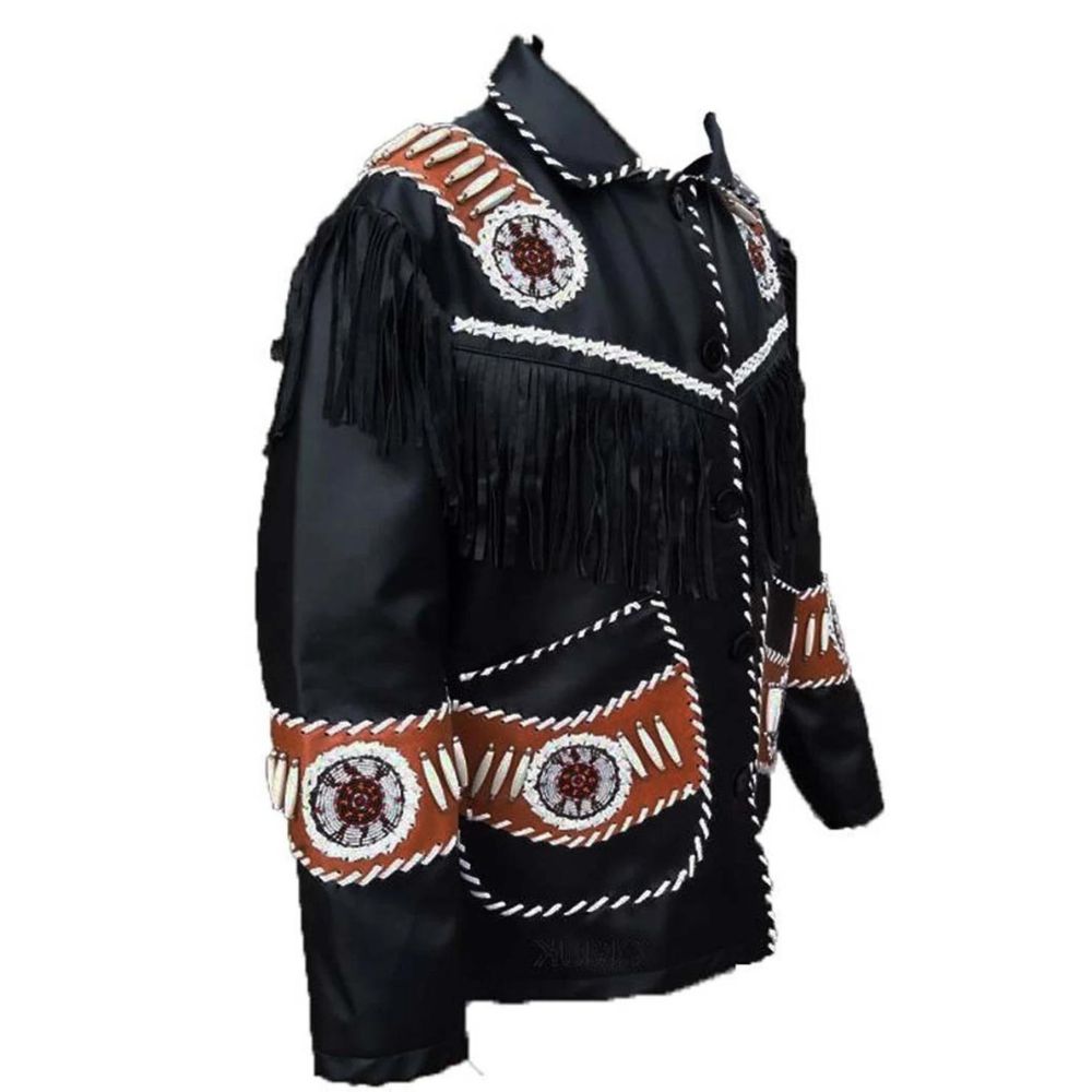 The black leather fringe jacket with beaded detailing, pictured worn and styled
