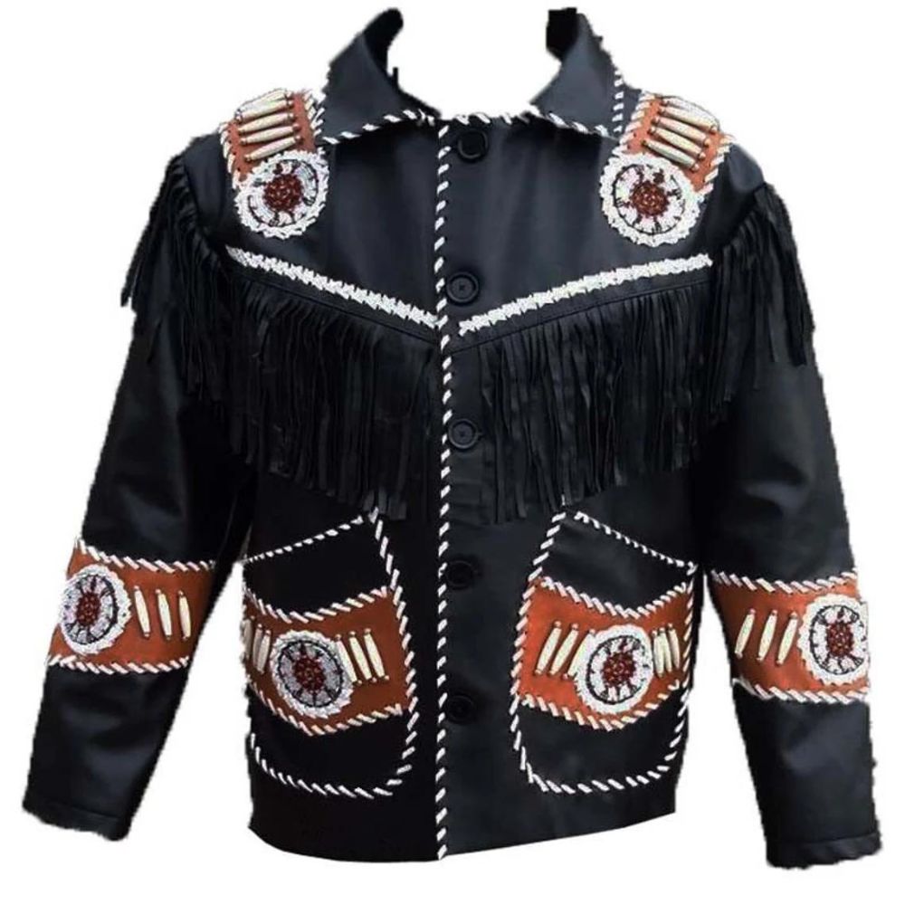 The black leather fringe jacket with beaded detailing, pictured in close-up